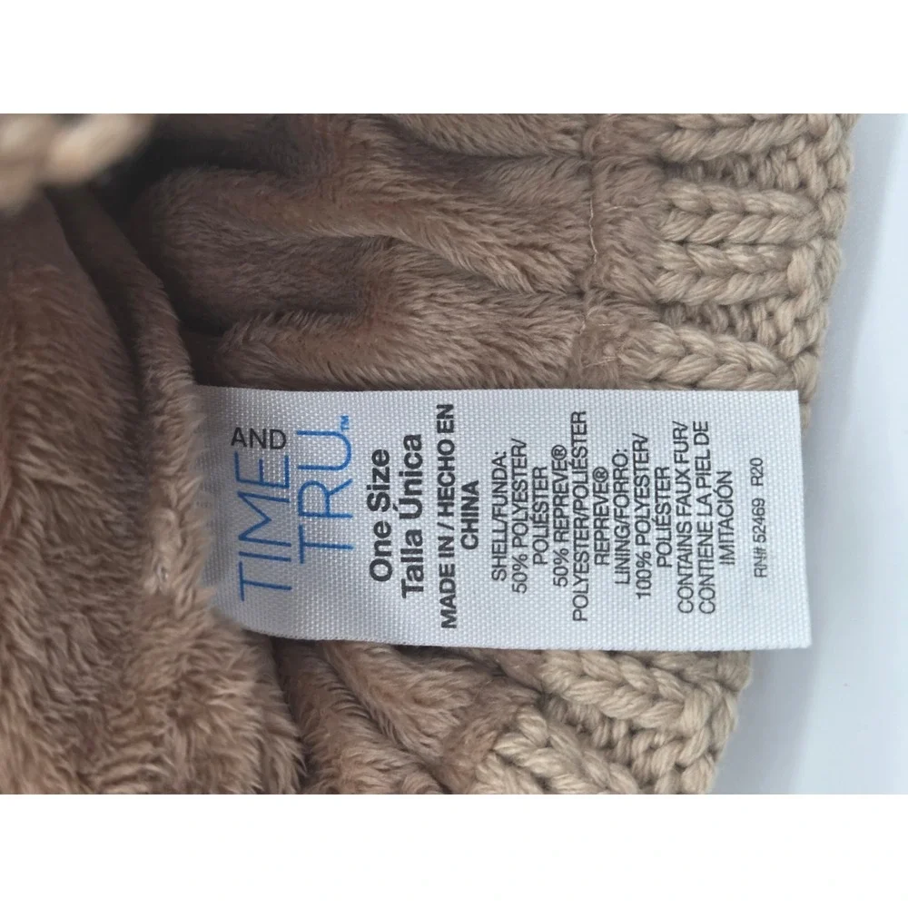 Time and Tru Beanie OS Tan Womens Ribbed Faux Fur Pom Pom Recycled Knit Hat